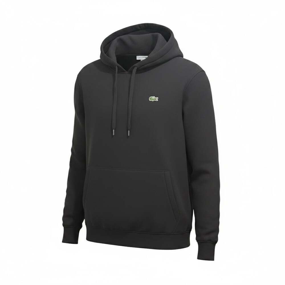 Lacoste Men's Classic Solid Cotton Fleece Pullover Hoodie Black- Unisex